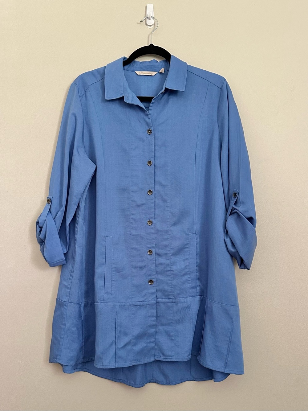 Soft Surroundings Blue Button Down Tunic Top Tencil Flowy Casual Blouse Relaxed